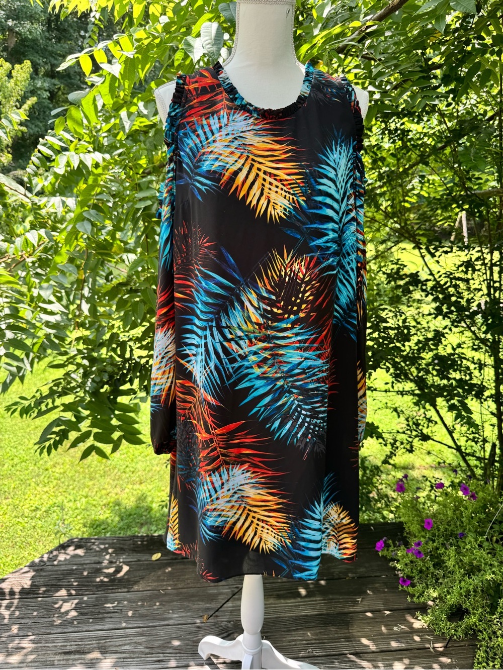 Worthington Black Cold-Shoulder Tropical Palm Dress with Blue & Orange